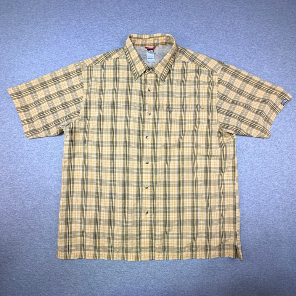 The North Face Mens XL Yellow Plaid Short Sleeve Hiking Shirt Zipper Pocket